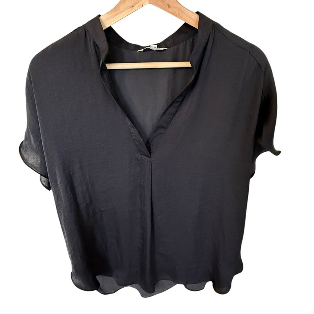 Naked Zebra Black Silky Polyester Work Blouse.  Size Women's Large. Short Sleeve